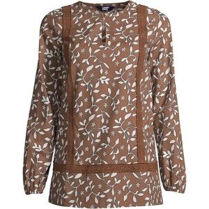 Lands’ End Print Keyhole Tunic Top Floral Lace Eyelet Accent Brown White XL (18)